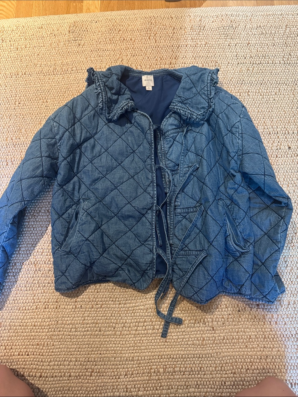 Maeve Quilted Blue Denim Quilted Jacket with Ruffle Collar